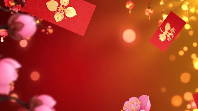 Spring Festival theme, Soft red-gold gradient, plum blossoms drifting, red envelopes floating slowly