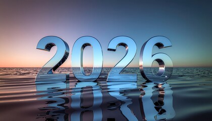 Chrome 2026 reflected on calm ocean, sunset backdrop