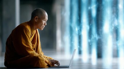 A Buddhist monk in traditional orange robes meditatively uses a laptop in a serene temple, surrounded by digital holographic data streams. Spirituality meets futuristic technology - Powered by Adobe