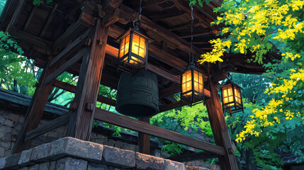 Serene temple off beaten path features wooden structure with glowing lanterns illuminating large bell surrounded by lush greenery