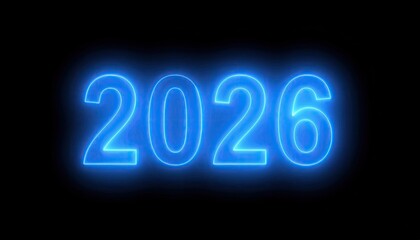 Glowing 2026, vibrant blue against black background