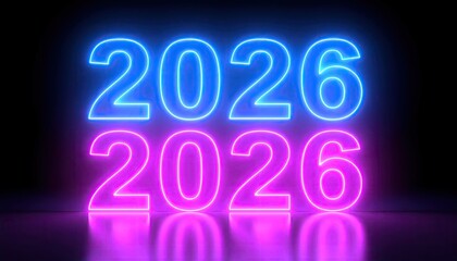 Glowing 2026 dates, one blue, one pink, on a dark background