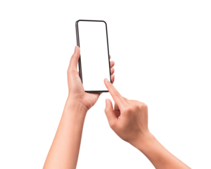 Hand using a smartphone isolated on transparent PNG.