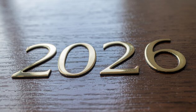 Golden 2026 numerals on a brown wood table
