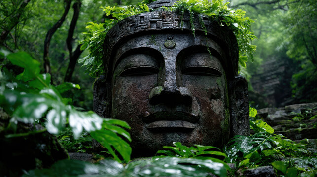 Ancient temple statue hidden off beaten path surrounded by lush greenery and vibrant leaves evokes sense of tranquility and mystery