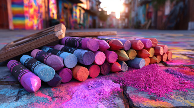 Colorful chalks arranged in vibrant street art scene create joyful atmosphere perfect for solo art therapy session