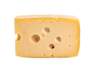 Swiss cheese block with holes isolated on transparent background – yellow dairy cheese slice for food packaging, menus, recipes or grocery advertising