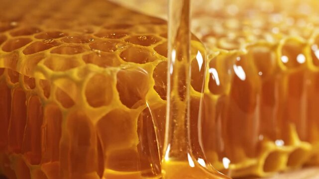 Golden honey drips slowly and luxuriously over a natural honeycomb showcasing its rich texture and sweet viscous consistency perfect for themes of natural food health and organic sweetness.
