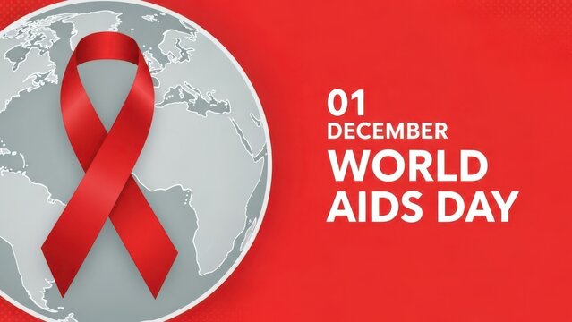 World aids day on december 1st concept featuring a prominent red awareness ribbon symbol overlaid on a stylized globe graphic against a vibrant red background with clear text