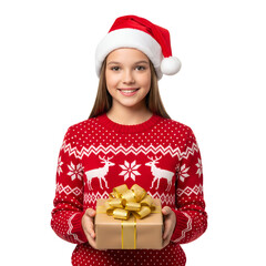 girl in santa hat with gift isolated on white background