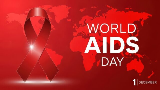 World aids day awareness graphic featuring a prominent red ribbon symbol against a red world map background, promoting global solidarity and remembrance for those affected by hivaids