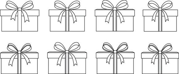 gift box grid, celebration concept, holiday packaging, festive ribbon, white background, birthday surprise, christmas present, elegant wrapping, party decor, giveaway design