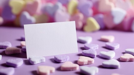 Blank White Card Surrounded by Colorful Tiny Hearts in a Soft Bokeh Setting