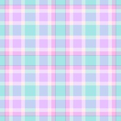 Seamless candy-colored plaid pattern in mint green, vibrant lilac, and light blue. Youthful tartan textile background perfect for y2k fashion, playful digital backgrounds, stationery, and packaging.