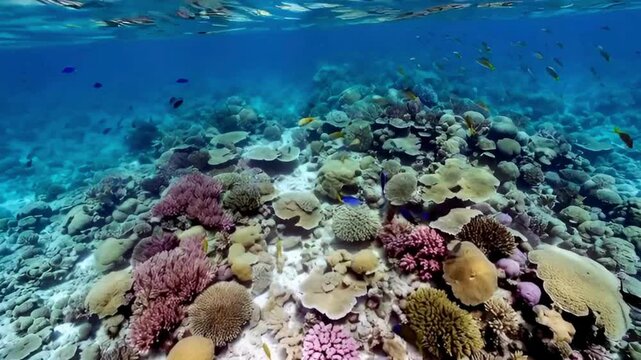 Coral reef with colorful corals and fishes marine life underwater seascape in ocean with clear blue water beautiful seabed nature footage clip