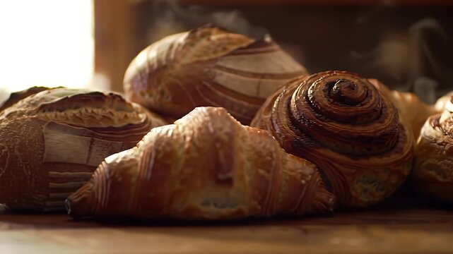 Golden brown assortment of freshly baked artisan bread and pastries, including croissants and cinnamon buns, with steam rising