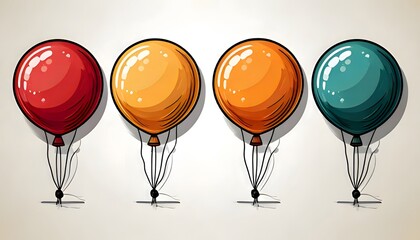Collection of four colorful balloons floating with strings attached, representing celebration and joy