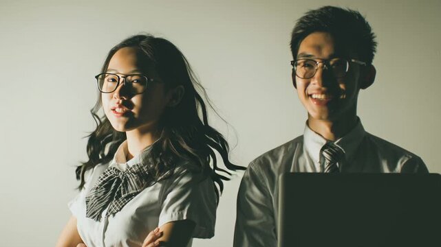 Asian students collaborate on a laptop project, sharing ideas and knowledge in classroom