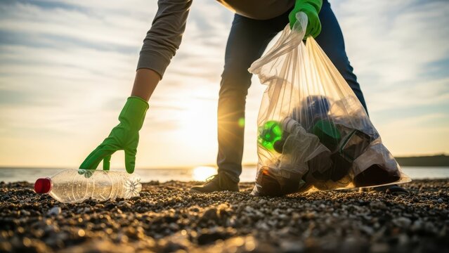 Person wearing green glove picking up plastic bottle litter from beach or ground during sunset or sunrise, collecting trash in a plastic bag for environmental cleanup and pollution reduction concept