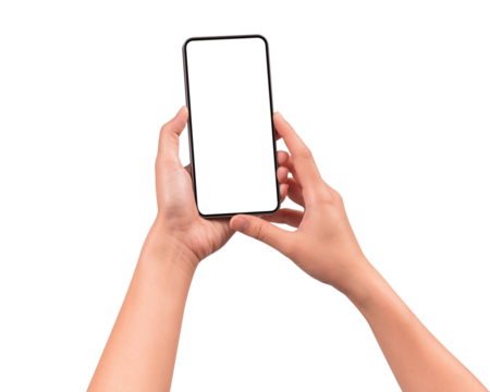 Hand using a smartphone isolated on transparent PNG.