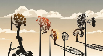Stylized Dandelions and Futuristic Structures Silhouetted Against a Serene Cloudy Sunset Sky