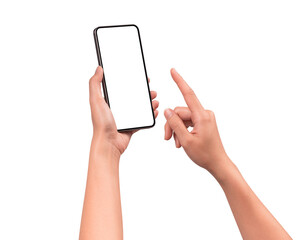 Hand using a smartphone isolated on transparent PNG.