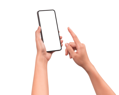Hand using a smartphone isolated on transparent PNG.