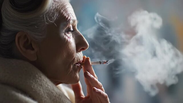 Elderly woman smoking cigarette with wisps of smoke