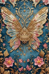 Butterfly Motif with Gold Filigree, Pink Flowers, and Teal Background