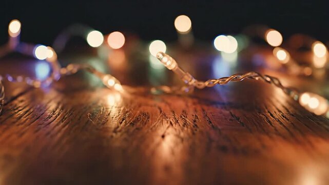 Festive string lights bokeh effect on rustic wood surface