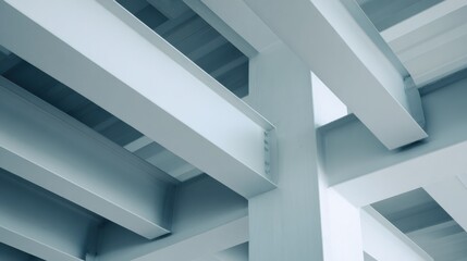 Obraz premium Structural design showcases modern architecture with steel beams and raw materials in a bright indoor space