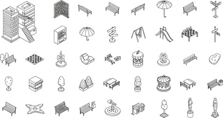 urban park elements, isometric illustration, playground icons, public space design, outdoor furniture, city recreation, landscape planning, park infrastructure, vector set