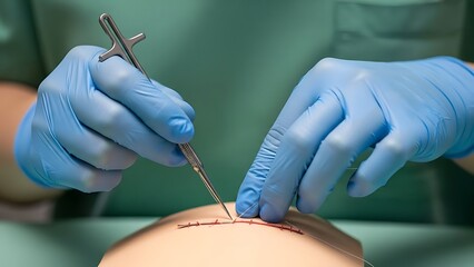 Gloved Hands Suture Training Simulated Incision With Needle Holder