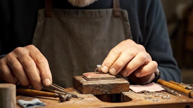 Jeweler meticulously setting gemstone in elegant ring with artisan tools, showcasing craftsmanship and artistry in handmade jewelry creation