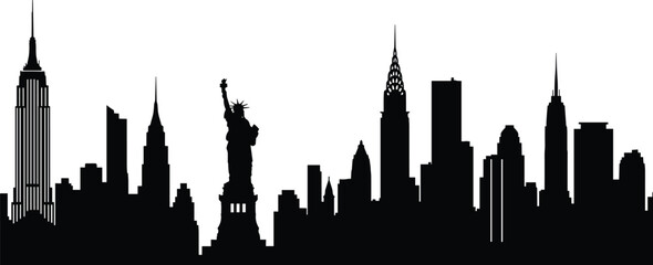 New York City skyline silhouette vector illustration, iconic panorama with Empire State, Chrysler Building, and Statue of Liberty, black and white cityscape for travel and urban design. © MstMajeda