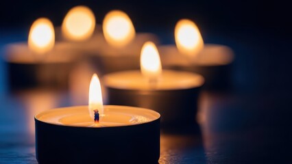 Closeup of several lit tea light candles glowing warmly in the dark, creating a peaceful and contemplative atmosphere with soft bokeh background lights