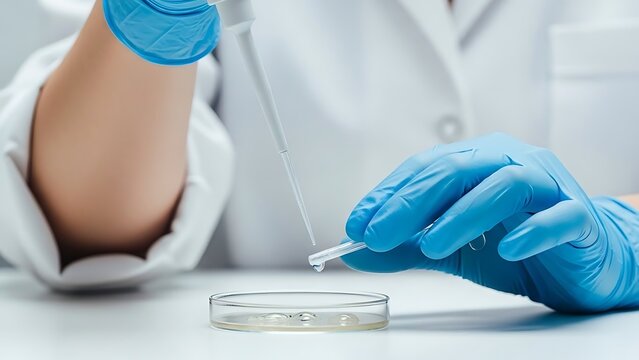 Gloved Hands Precisely Dropping Liquid Into Sterile Petri Dish
