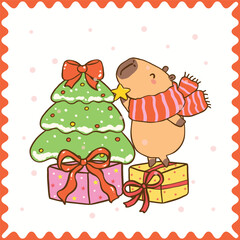 Kawaii Christmas Capybara Decorating Christmas Tree, cute hand drawn doodle Greeting Card Printable