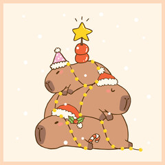 Kawaii Christmas Tree Capybara Stack Cartoon hand drawn doodle Greeting Card Printable