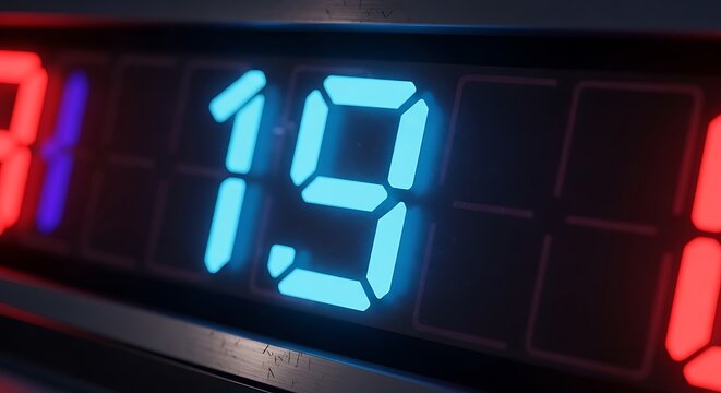 Bright blue nineteen displayed on a digital clock with red and purple - Powered by Adobe