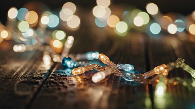 Festive multicolored string lights warm bokeh background rustic wood surface holiday decoration ambiance