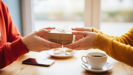 Closeup of two people exchanging a small, wrapped gift box across a wooden table in a cafe setting, with a cup of coffee and a smartphone nearby, symbolizing giving and receiving