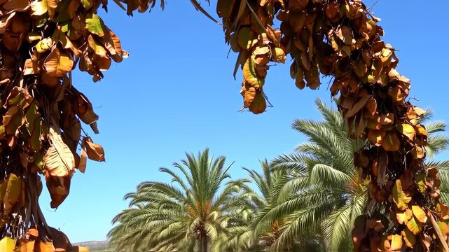 Archway of dried palm leaves against a clear blue sky in Elche Spain
