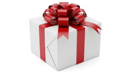 A single white gift box wrapped with a bright red ribbon and a large decorative bow, isolated on white background