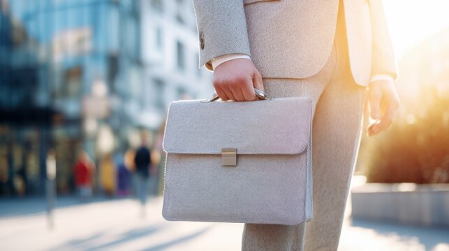 Professional man holding a briefcase outdoors during sunset near modern buildings in a bustling city