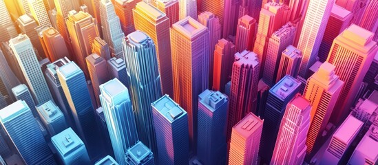 Obraz premium Colorful city skyline aerial view, sunrise, urban background, website banner
