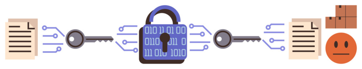 Binary lock with circuits symbolizes encryption, connected to keys, files, and outcomes. Ideal for cybersecurity, data protection, technology, privacy, encryption security protocols data integrity