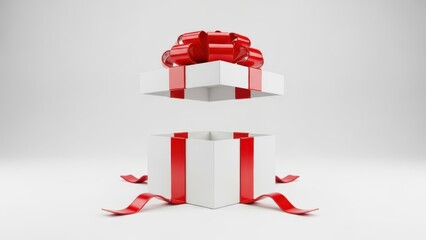 White gift box with a bright red ribbon and bow opening up, isolated on white background, symbolizing surprise, celebration, and present giving in a clean 3d render