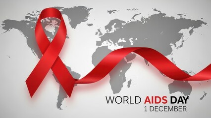Red awareness ribbon symbolizing world aids day on december 1st overlaid on a gray world map background, representing global fight against hiv and solidarity with affected people
