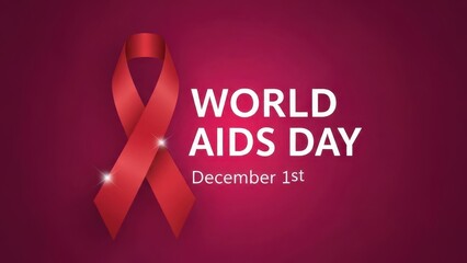 World aids day graphic featuring a prominent red awareness ribbon against a deep magenta background with white text announcing the date december 1st